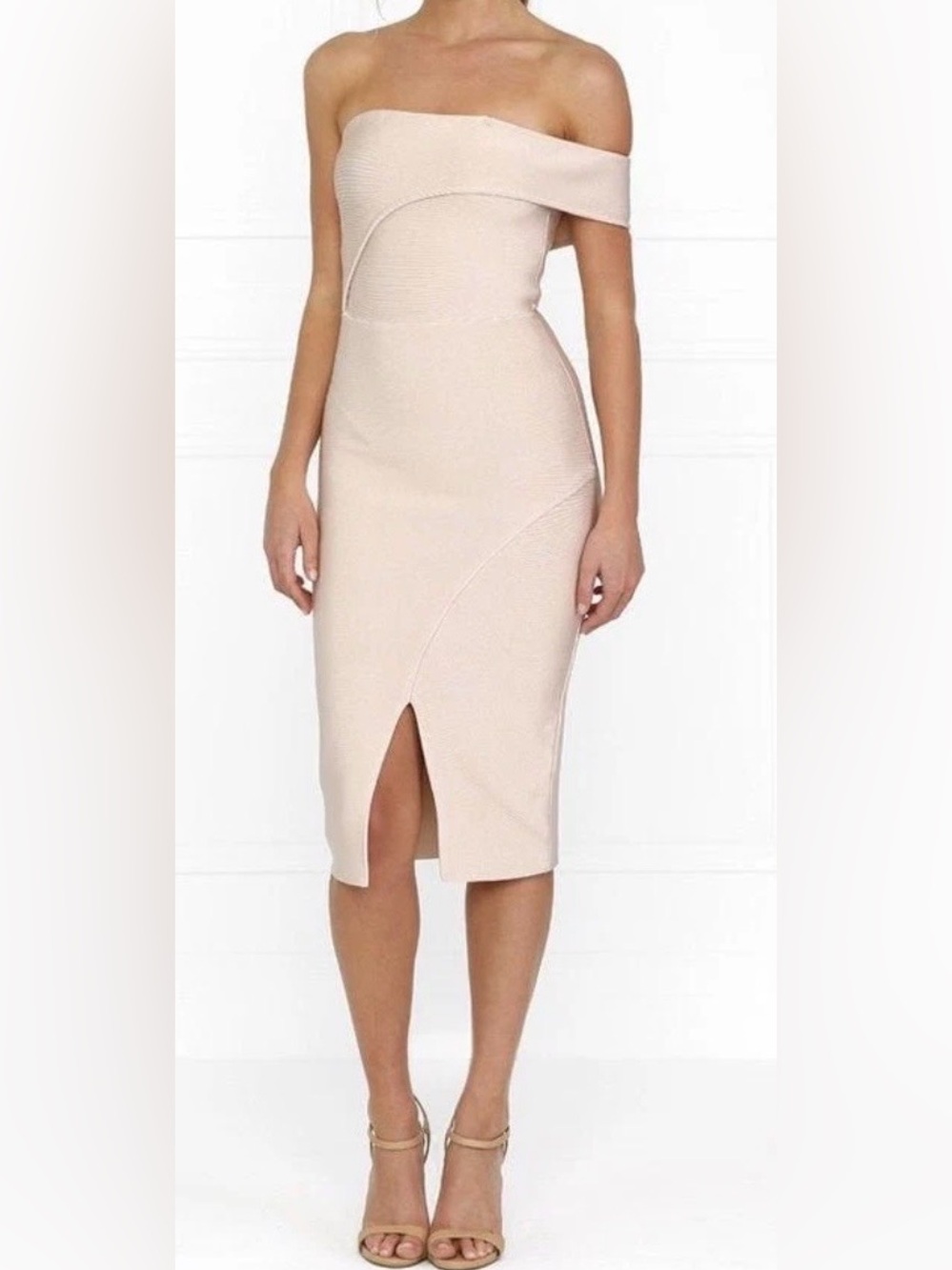 Bodycon bandage off-shoulder dress with Front Slit - pale pink size S